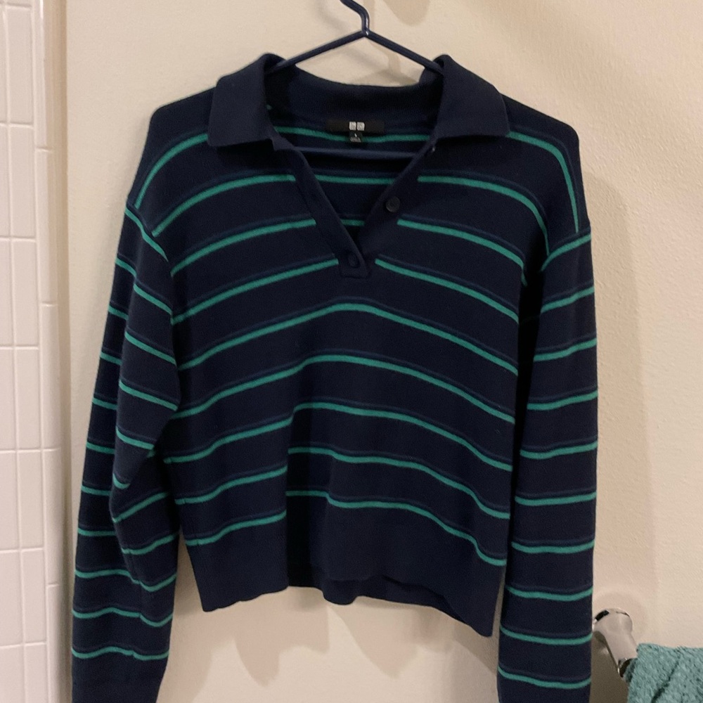 SOLD - Uniqlo Dark Blue and Teal Striped V-Neck Sweater